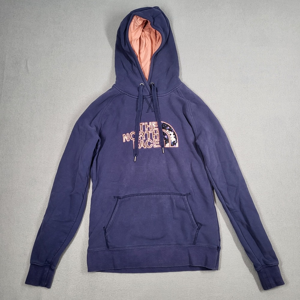 The North Face Hoodie Women's Medium‎ Blue Cotton Pullover Pink Logo Sweatshirt